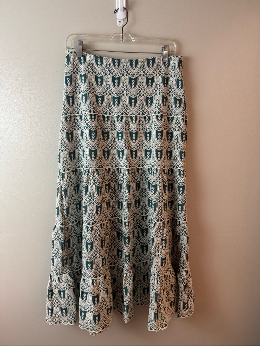 LAFFAIRE Embroidered Lace Tiered Maxi Skirt Medium Cottagecore Boho Prairie